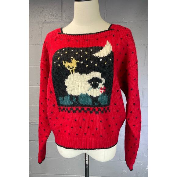 Vintage Woolrich Sheep Moon Novelty Knit Wool Sweater Red Black Medium Large - Picture 5 of 13